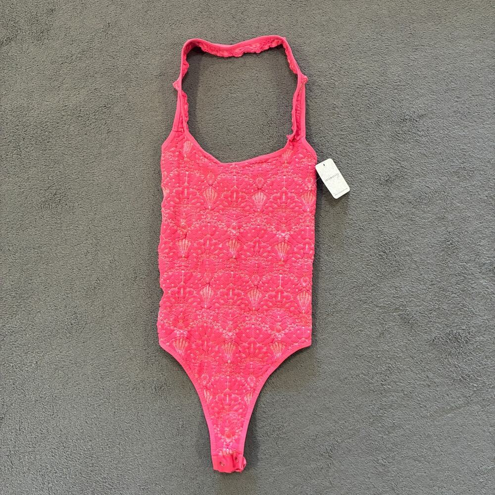 Free People With Love Bodysuit Pink Rose Halter Lace Textured Women's Size M-L